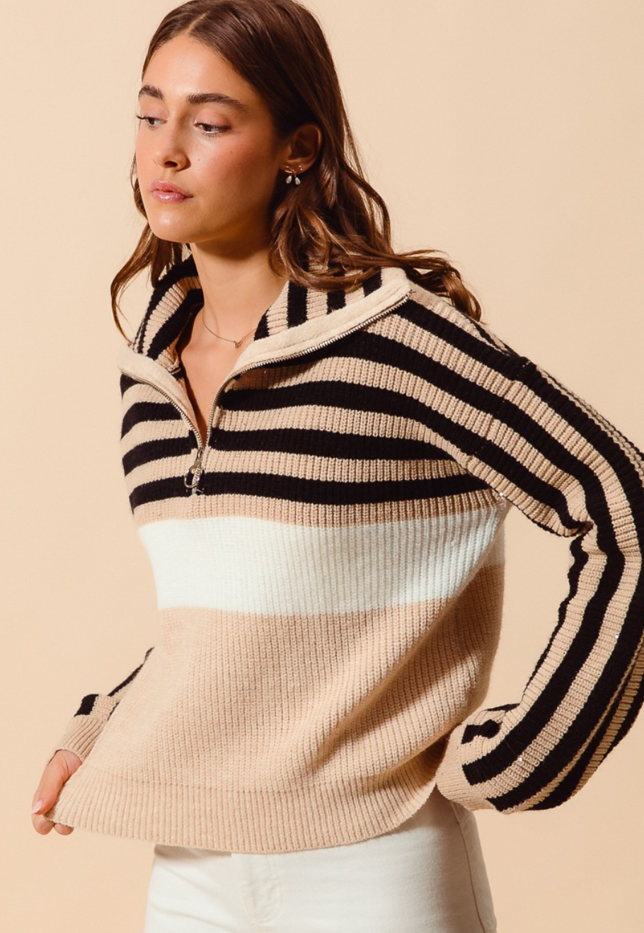 Stripe Sequin Embellished Half Zip Pullover