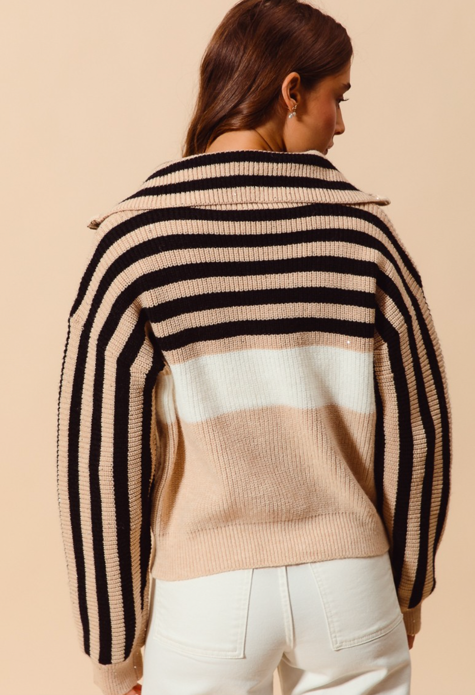 Stripe Sequin Embellished Half Zip Pullover