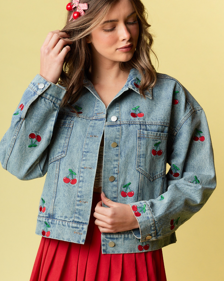 Cherry Embroidered Denim Jacket