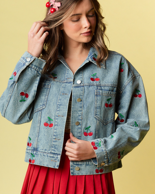 Cherry Embroidered Denim Jacket