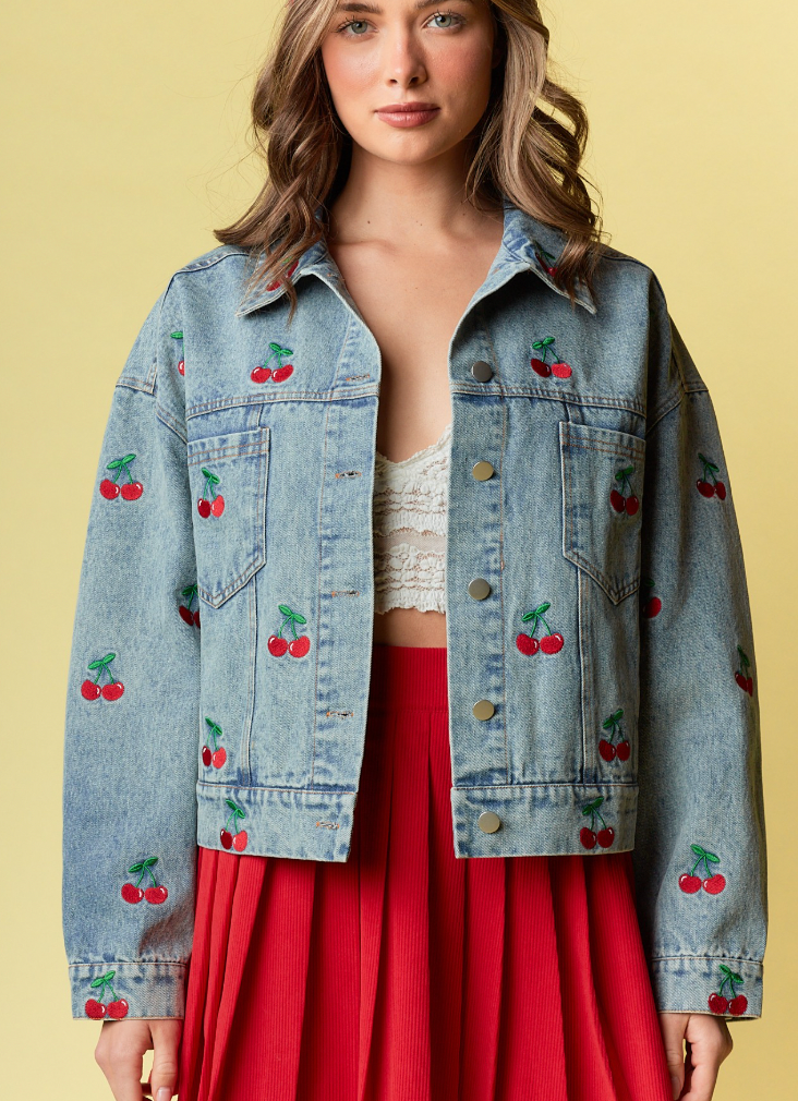 Cherry Embroidered Denim Jacket