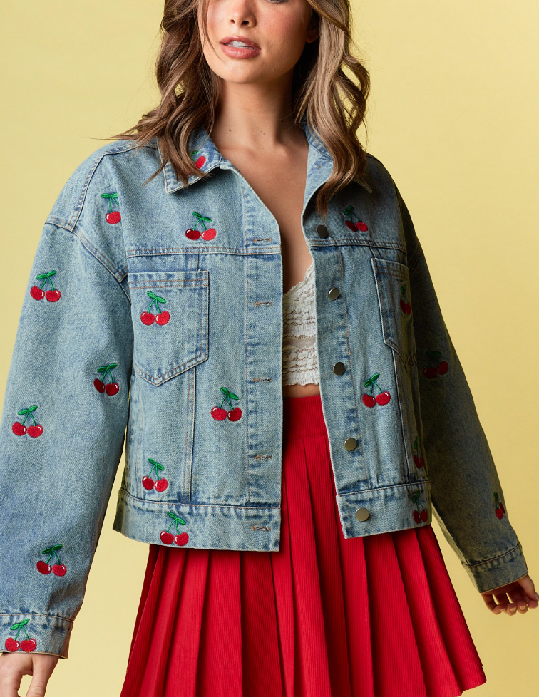 Cherry Embroidered Denim Jacket