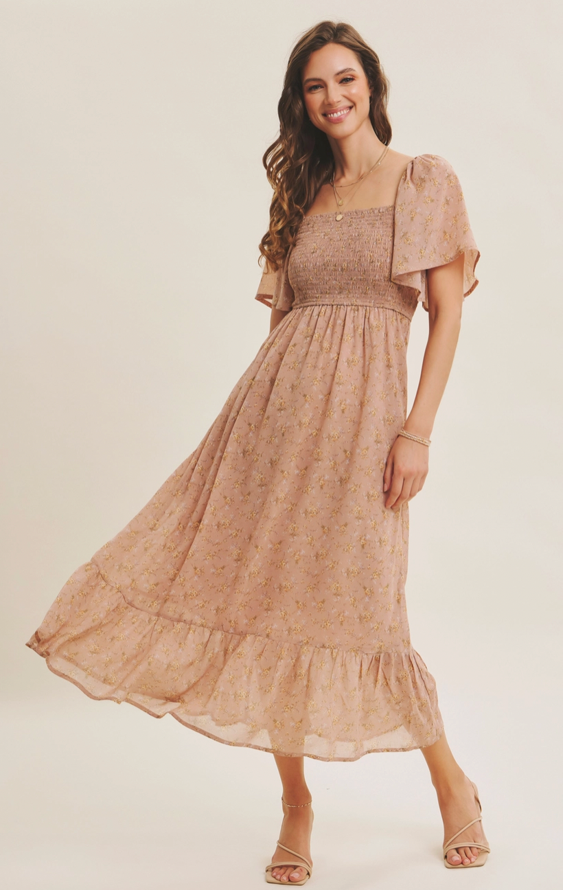 Floral Chiffon Smocked Midi Dress