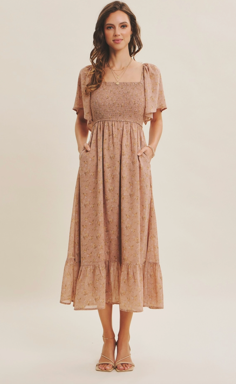 Floral Chiffon Smocked Midi Dress