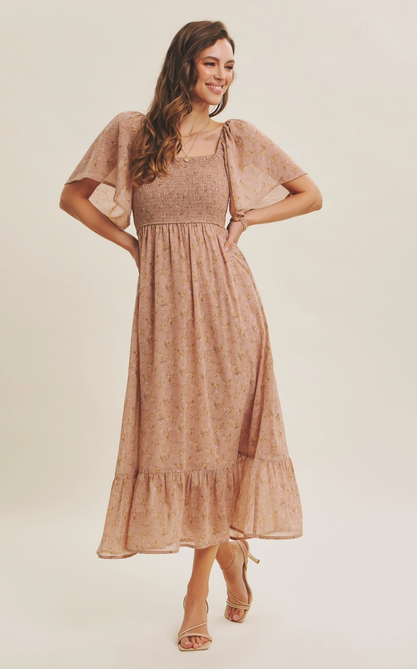 Floral Chiffon Smocked Midi Dress