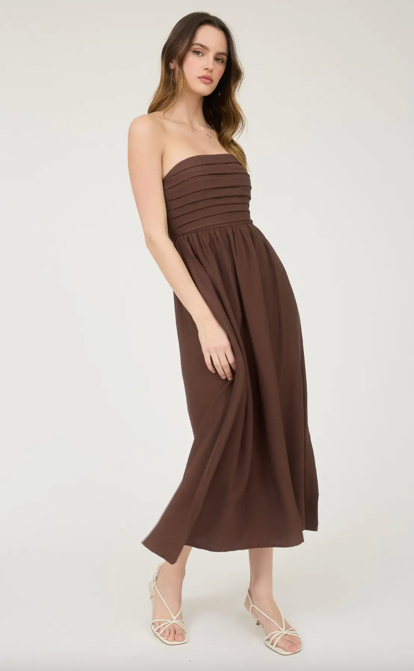 Pleated Bodice Strapless Midi Sundress