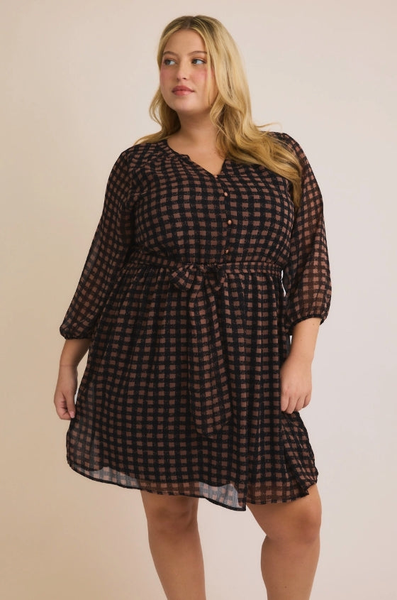 Shirring Button Down Dress (1X-3X)