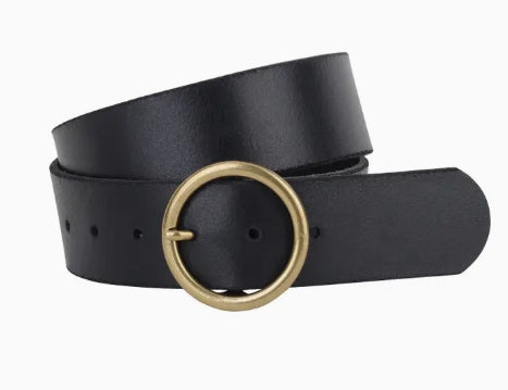 Wide Brass-Toned Ring Buckle Leather Belt