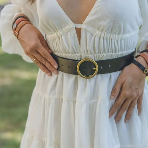 Wide Brass-Toned Ring Buckle Leather Belt