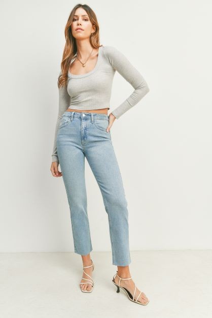 cut off straight leg jean raw hem