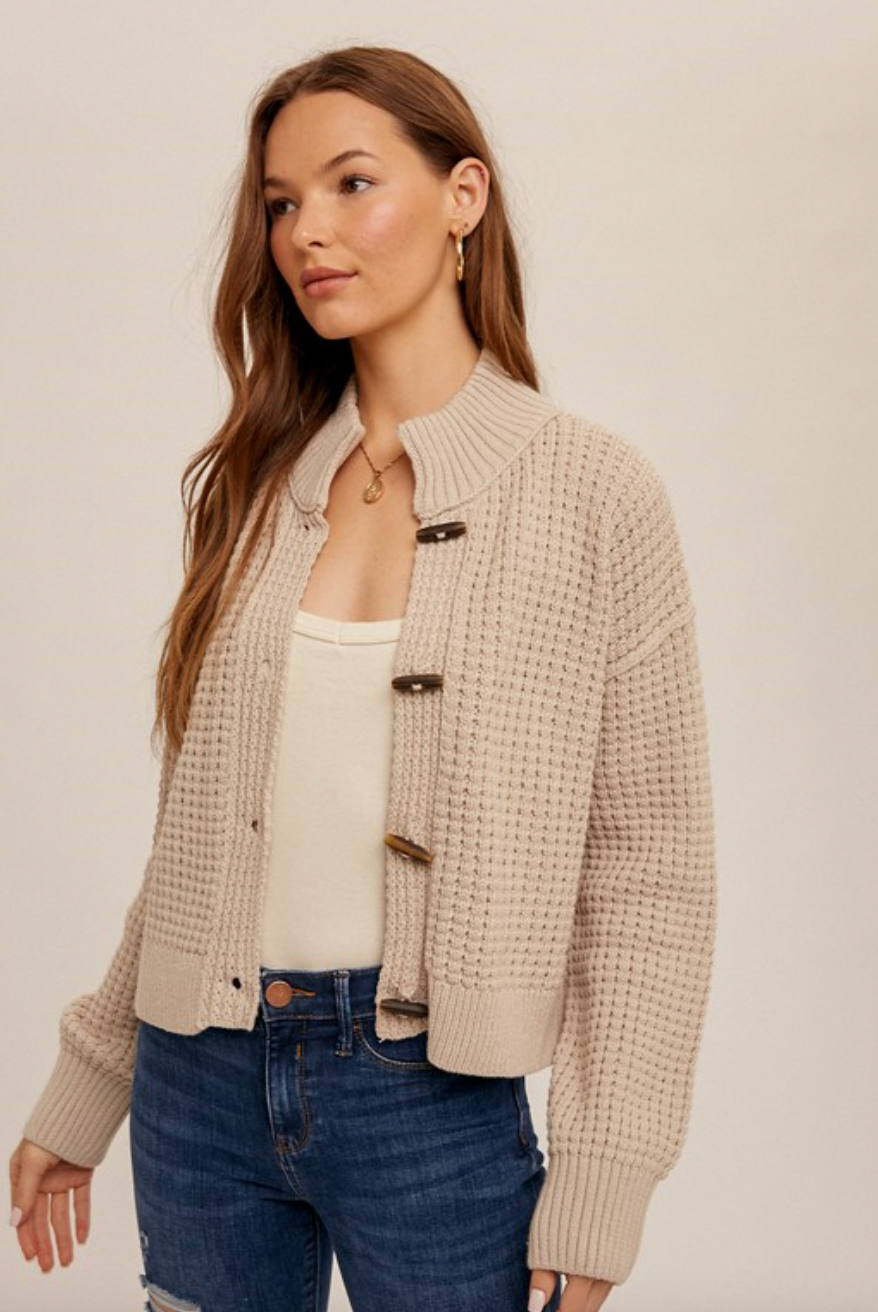 Textured Knit Cardigan with Wooden Accents
